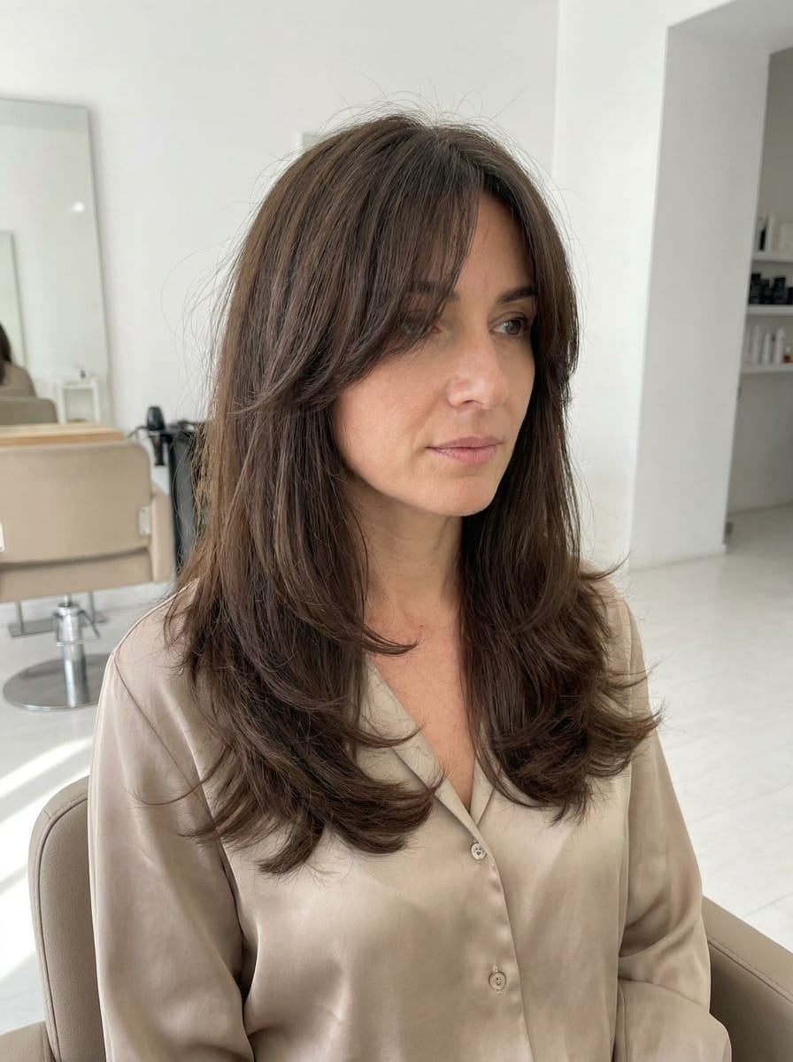 Stufenschnitt mit Curtain Bangs für dickes Haar - Mittellanger Stufenschnitt mit Curtain Bangs
